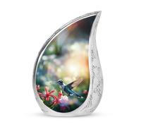 Humming Bird Flying Near Lilly Flower Urn, Teardrop Funeral Urns for Adult Ashes, Cremation Urns for Men & Women, Burial Urns for Adult Human Ashes, Large Unique Urns for Ashes 10inch Memorial Urn