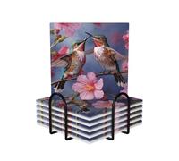 Humming Birds Coasters Set of 6 Ceramic Coaster with Holder Absorbent Coasters for Drinks Heat Resistant Coffee Table Coasters Cup Pad for Kitchen Office Home Decoration