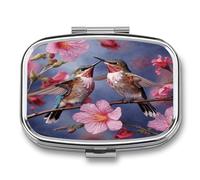 Humming Birds with Pink Pill Box 2-Compartment Portable Pill Case Square Metal Medication Organizer Small Weekly Medication Case with Mirror Stylish Vitamin Holder for Purse Pocket Travel