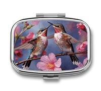 Humming Birds with Pink Pill Box Travel Pill Organizer 2-Compartment with Mirror Design Portable Square Medicine Case for Vitamins, Jewelry & Essentials Durable Pocket Pillcase for Purse, Camping