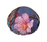 Humming Birds With Pink Shower Cap For Women Reusable Double Layers Bathing Bath Cap Hair Caps Waterproof Elastic Band Ladies Spa Salon Shower Hat Hair Caps