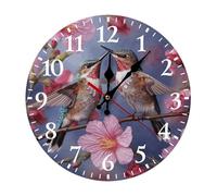 Humming Birds With Pink Wall Clock for Bedroom, Operated Clocks with Arabic Numerals, Round Silent Non-Ticking Clock for Kitchen, Bathroom, Living Room, Office Decorative Clocks with Easy Read Number