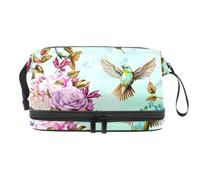 Humming Nightingale Birds with Lily Roses Poppy Double Layer Cosmetic Bag for Women and Girls, Travel Toiletry Bag Makeup Handy Pouch Organiser Bag with Brush Compartment