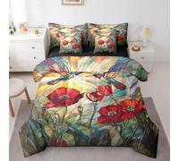 Hummingbird 7 Pcs Comforter Set,Rustic Garden Poppy Red Flowers Botanical Bedding Set,Artistic Stained Glass Style Patchwork Bed Set(Comforter+Fitted+Flat Sheet+Pillowcases+Pillow Covers),Full