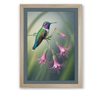 Hummingbird Among Blooms Botanical Framed Wall Art Print A2 (59.4×42cm) Oak, Wall Decor for Living Room, Bedroom, Office & Home, Ready to Hang, Art Gift