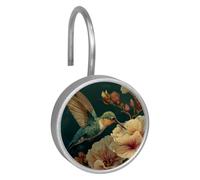 Hummingbird and Flowers (2) Round Crystal Glass Decorative Shower Curtain Hooks with 3D Pattern Visual, Rust Proof Shower Curtain Rings-12 Pack