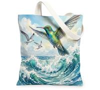 Hummingbird Bird Canvas Tote Bag for Shopping 13 * 15, Cool Sea Ocean Waves Scenery Reusable Grocery Shoulder Cloth Bag for Women, Animal Painting Gift Decoration