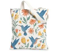 Hummingbird Canvas Tote Bag for Women, Spring Floral Flower Leaf Spring Blue Washable Reusable Shopping Bags for Shopping Brunch Park Library Day Trips 13x15 Inch