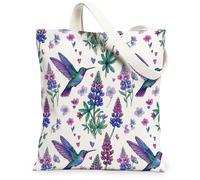 Hummingbird Canvas Tote Bag for Women, Spring Nature Flower Hearts Spring Violet Washable Reusable Graphic Tote Bag Ideas F, Violet, 13x15 Inch
