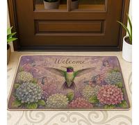 Hummingbird Door Mat, Spring Nature Hydrangea Butterfly Spring Green Rubber Non-Slip Decorative Doormat Entryway Decor for Front Porch Bathroom Office 29x17 Inch
