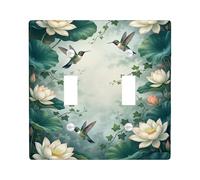 Hummingbird Double Light Switch Cover Plate, Nature Floral Water Lily Leaf Spring Green Plastic Standard Size Toggle Light Switch Cover for Living Room Bedroom Home Office Decor