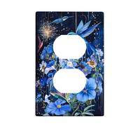 Hummingbird Duplex Outlet Covers Wall Plate, Floral Nature Flower Star Summer Blue Plastic Standard Size Double Power Outlet Cover Plate for Bedroom Bathroom Kitchen Entrance Decor