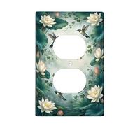 Hummingbird Duplex Outlet Covers Wall Plate, Nature Floral Water Lily Leaf Spring Green Plastic Standard Size Wall Plates for Electrical Outlets for Living Room Bedroom Home Office Decor