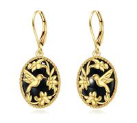 Hummingbird Earrings Sterling Silver Black Onyx Oval Dangle Leverback Earrings 18K Gold Plated Flower Drop Earrings Jewellry Gifts for Women