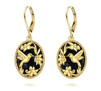 Hummingbird Earrings Sterling Silver Black Onyx Oval Hummingbird Dangle Leverback Earrings Gold Plated Flower Drop Earrings Jewelry Gifts for Women Girls