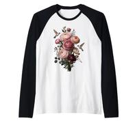 Hummingbird Floral Bouquet Botanical Pink Flower Raglan Baseball Tee