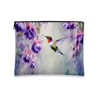 Hummingbird Floral Makeup Bag, Violet Flower Watercolor Cosmetic Travel Pouch for Women, Portable Small Canvas Zipper Toiletry Organizer, Spring Festival Gift Skincare Essentials, Violet, 7x9 Inch