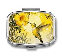 Hummingbird Flower Pill Box 2 Compartments Portable Travel Pill Case Mini Medicine Organizer for Pocket Purse Metal Waterproof Medicine Container Holder Vitamin Fish Oil