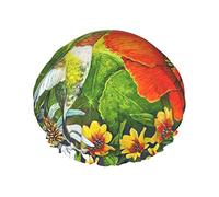 Hummingbird Hibiscus Daisy Flowers Printing Shower Cap Elastic Reusable Women Bathing Hair Cap Double Layer Waterproof Shower Cap,For Ladies Spa Salon