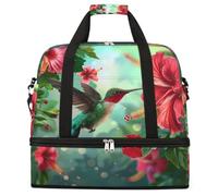 Hummingbird Hibiscus Flowers Foldable Travel Duffel Bag Expandable Gym Bag with Shoe Compartment Large Capacity Weekender Bag Carry On Tote Bag for Travel Sports Overnight Trips