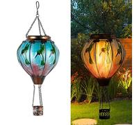 Hummingbird Hot Air Balloon Hanging Solar Lantern Lights, Flickering Flame Solar LED Candle Lights Outdoor Garden Decorative Metal & Glass Waterproof Lanterns for Yard Patio Farmhouse Decoration