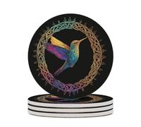 Hummingbird in An Intricate Celtic Frame Round Ceramic Coasters Non-Slip Cork Base Drinks Holder Craft 4PCS