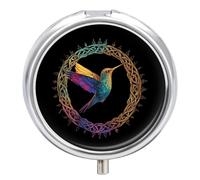 Hummingbird in an Intricate Celtic Frame Round Pill Box Organiser 3 Compartment Portable Medicine Case