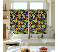 Hummingbird Kitchen Curtains, Tropical Botanical Leaves Flowers Summer Green Cafe Curtain Panels with Rod Pocket for Small Rv Sink Area Narrow Window 26x36 Inch