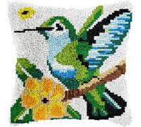 Hummingbird Latch Hook Kits for Adults Kids Beginners Yellow Floral Latch Hook Pillow Kit Birds Pre-Printed Latch Hook Rug Kits Cross-stitch Cushion for Home Sofa Decoration 17x17 in. Craft Gift