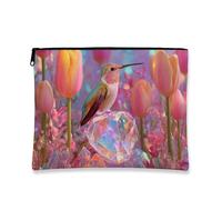 Hummingbird Makeup Bag, Colorful Floral Design Cosmetic Organizer for Women, Portable Small Canvas Zipper Pouch, Spring Festival Skincare Toiletry Bag, Peach, 7x9 Inch, Hummingbird