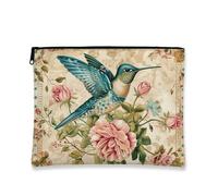 Hummingbird Makeup Bag, Elegant Floral Vintage Cosmetic Travel Pouch for Women, Portable Small Canvas Zipper Organizer, Spring Festival Gift Toiletry Bag, Blue, 7x9 Inch, Bag