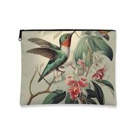 Hummingbird Makeup Bag, Vintage Floral Cosmetic Travel Pouch for Women, Portable Small Canvas Zipper Organizer, Nature Inspired Toiletry Bag for Spring Summer Gift, Green, 7x9 Inch