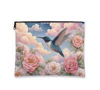Hummingbird Makeup Bag, Vintage Floral Cosmetic Travel Pouch for Women, Portable Small Canvas Zipper Organizer, Spring Festival Gift Toiletry Bag, Peach, 7x9 Inch, Hummingbird