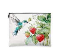 Hummingbird Makeup Bag, Watercolor Strawberry Cosmetic Travel Pouch for Women, Portable Small Canvas Zipper Organizer, Nature Inspired Skincare Toiletry Bag, Summer Gift, White, 7x9 Inch, Hummingbird