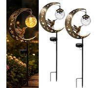 Hummingbird Moon Solar Garden Stake Light Waterproof Half Moon LED Pathway Decor Crackle Hanging Glass Globe Ball Metal Crescent for Outside Yard Patio Lawn Outdoor Decor (2PCS)