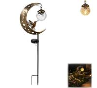 Hummingbird Moon Solar Garden Stake Light - Waterproof Half Moon LED Pathway Decor with Crackle Glass Globe & Metal Crescent for Outdoor Yard Patio Lawn (1pc)