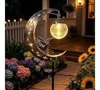 Hummingbird Moon Solar Garden Stake Light, Waterproof Solar Garden Statues with Bird, Crackle Hanging Glass Globe Ball Metal Crescent, Half Moon LED Pathway Decor for Outside Yard Patio Lawn Decor