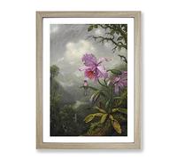 Hummingbird On The Orchid Plant By Martin Johnson Heade Classic Painting Framed Print | A4 Oak Framed Wall Art | Ready to Hang | Classic Floral Picture | Living Room Bedroom Lounge Office