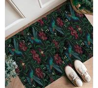 Hummingbird Runner Rug, Botanical Elegant Flower Leaf Spring Green Low Pile Sponge Doormat Throw Rug Edge Binding for Kitchen Entryway Laundry Room Bedside Decor 2x3 Ft