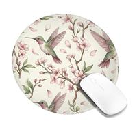 Hummingbird Small Mouse Pad, Spring Floral Cherries Blossom Green Leaves Spring Peach Round Rubber Smooth Portable Cloth Mousepad Desk Decor for Office Home Dorm Laptop Round 8x8 Inch