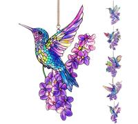 Hummingbird Stained Glass Suncatcher, Purple Hummingbird Suncatchers for Windows Hanging, Acrylic Hummingbirds Flower Window Hanging Decor (#03)