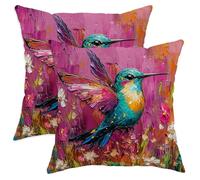 Hummingbird Throw Pillow Covers Set of 2, Vibrant Artistic Flowers Wings Spring Peach with Hidden Zipper Square Pillow Cases for Home Living Room Bedroom Dorm Couch Decor 18x18 Inch