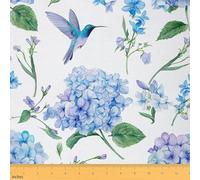 Hummingbird Upholstery Fabric by The Yard, Blue Flower Decorative Fabric with Leaves and Bird Pattern, Spring Botanical Animal DIY Art Waterproof, Blue Green, 1 Yard
