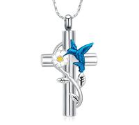 Hummingbird Urn Necklace for Ashes Cross Cremation Butterfly Jewelry for Women Necklace Urn Keepsake Memorial Pendant for Ashes of Loved Ones (Silver-blue)