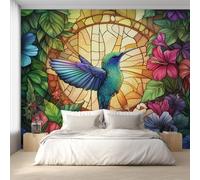 Hummingbird Wallpaper, Tropical Bird Floral Stained Glass Wall Mural for Living Room, Bedroom, Non-Woven Wall Papaer Decoration, Photo Wallpaper & Home Decor, 350x256 cm (WxH) K-MZ&29