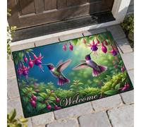 Hummingbird Welcome Door Mat, Spring Nature Fuchsia Leaf Spring Green Washable Low Profile Doormats for Floor Outdoor Decor for Front Door Entryway Patio 29x17 Inch