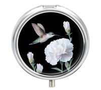 Hummingbird White Carnation Flower Mini Pill Organizers Cute Round Pills Box Portable 3 Compartment Medicine Case Box for Travel