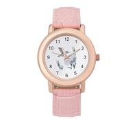 Hummingbird White Carnation Flower Women's Leather Watch Easy Reader Minimalist Wristwatch Pink Rose Gold Strap Watches