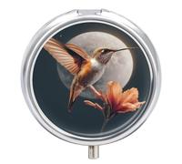 Hummingbird with Moon Flower Small Pill Organizer with 3 Compartments Travel Medicine Case Portable Round Vitamin Storage Box