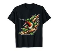Hummingbird with Open Beak Green Leaves and Split Timber T-Shirt